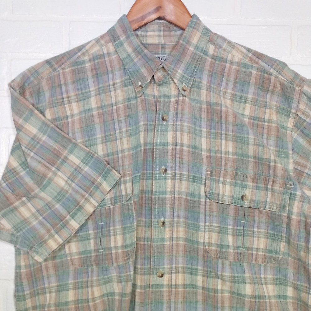 American Blue men's linen like green blue tan plaid short sleeve button shirt